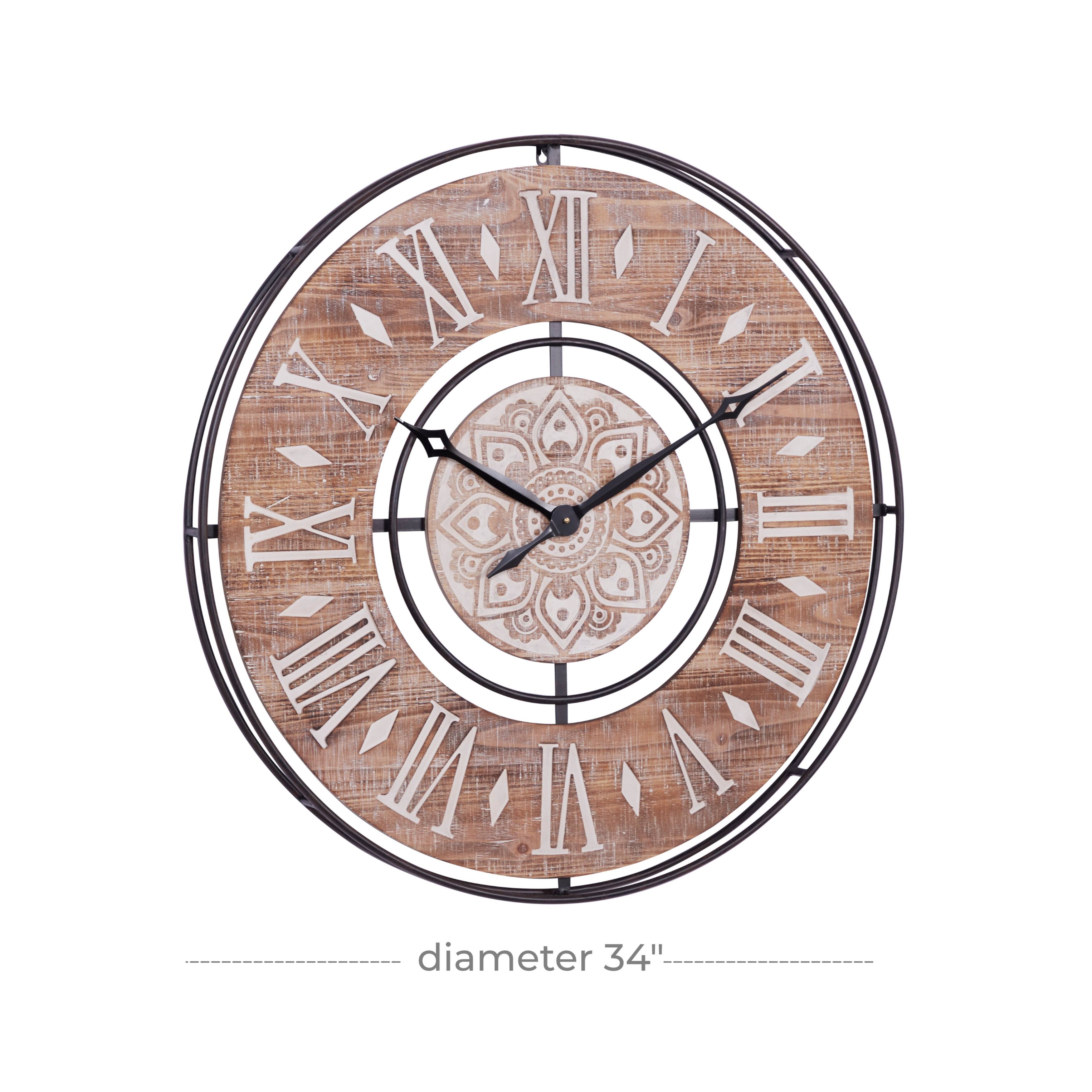Brown Metal Wall Clock with Wood Accents 34 x 3 x 34Round On Sale
